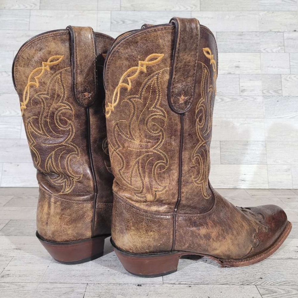 Tony Lama Brown Heeled Boots with Gold Embroidery - Picture 5 of 9